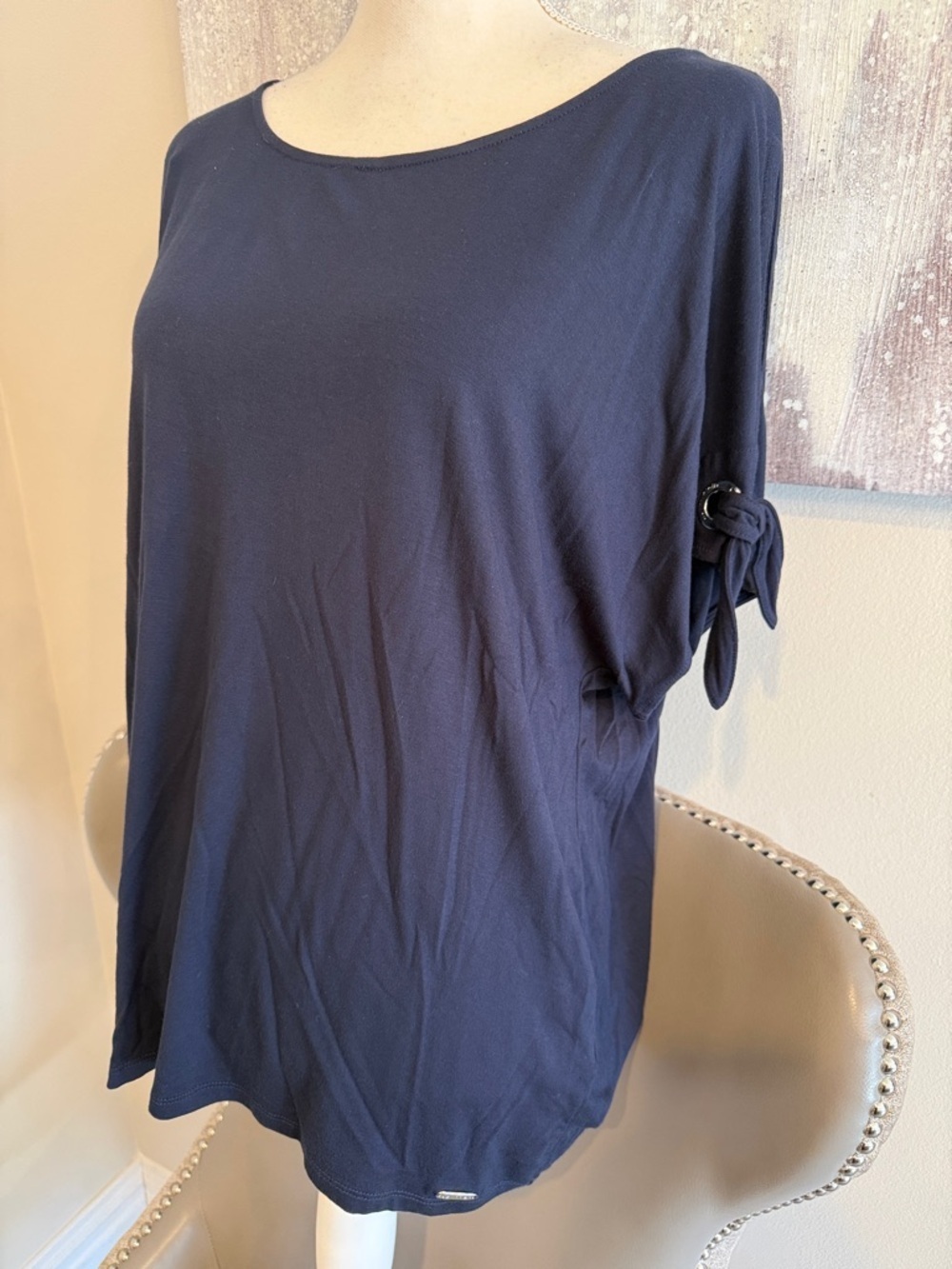 Calvin Klein Women's Navy Short Sleeve Tie-Sleeve Top size large